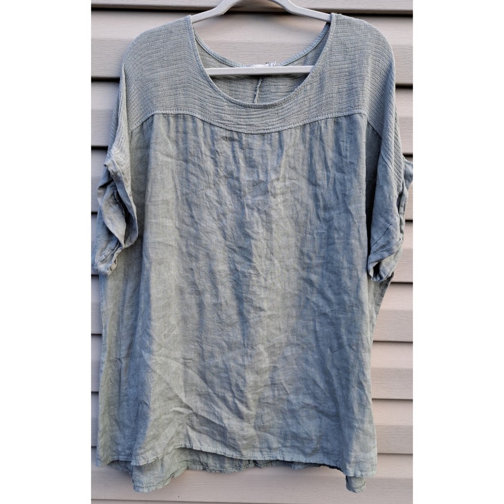 Lungo L'Arno Womens 3X 3XL Light Green 100% Linen Short Sleeve Blouse Top Italy